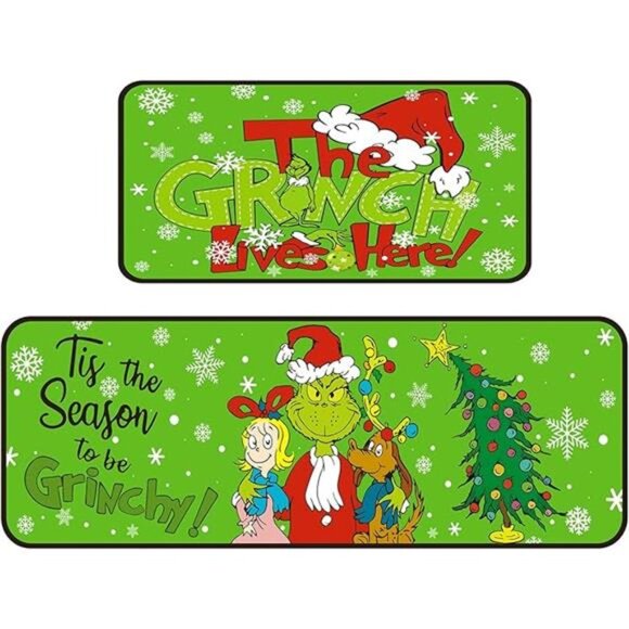 Set of 2 Grinch Christmas Kitchen Mats, Non-Slip Waterproof Rugs, 17x29 & 17x48 - Picture 7 of 7
